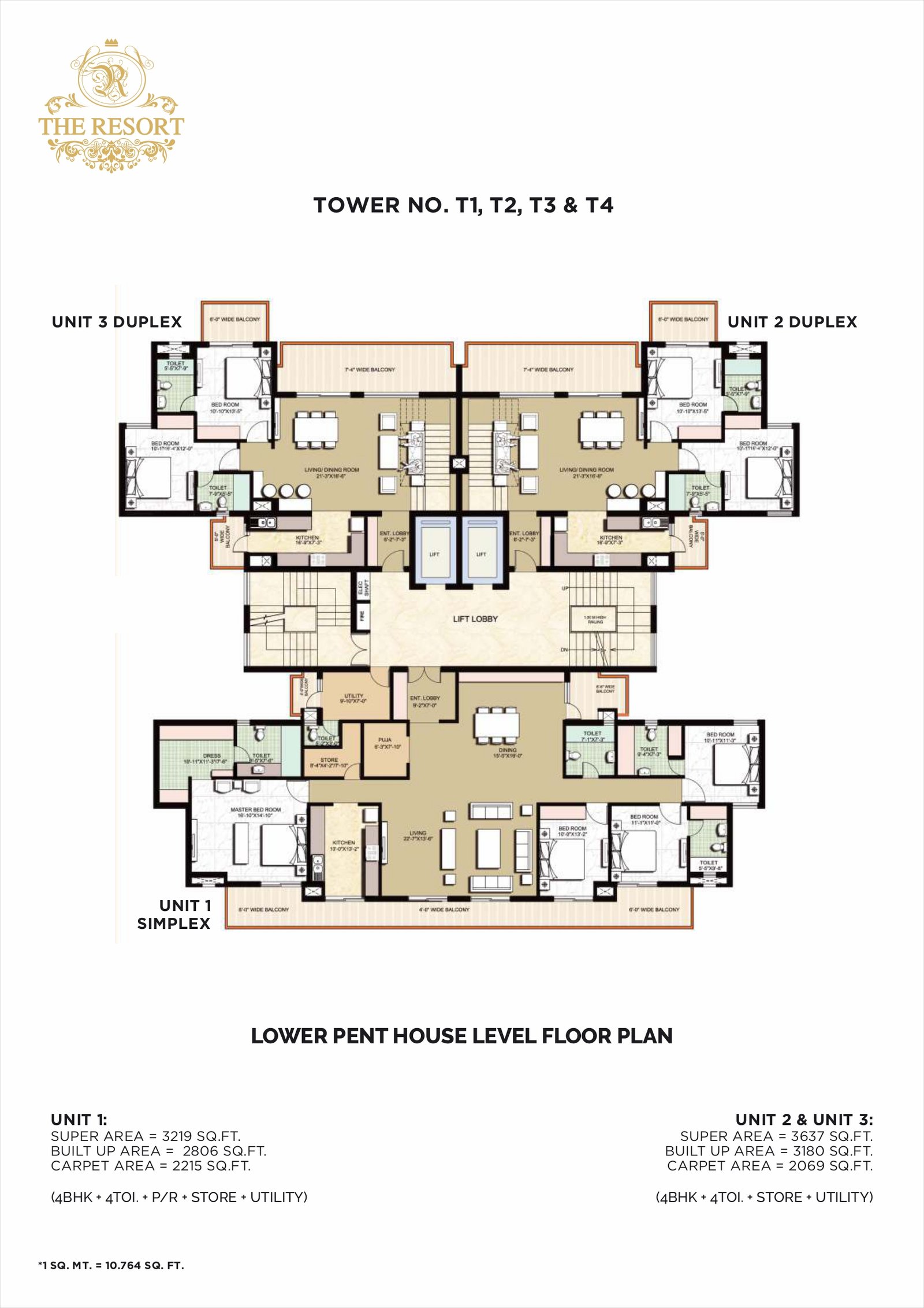 T1,T2,T3,T4 LOWER PENTHOUSE FLOOR PLAN