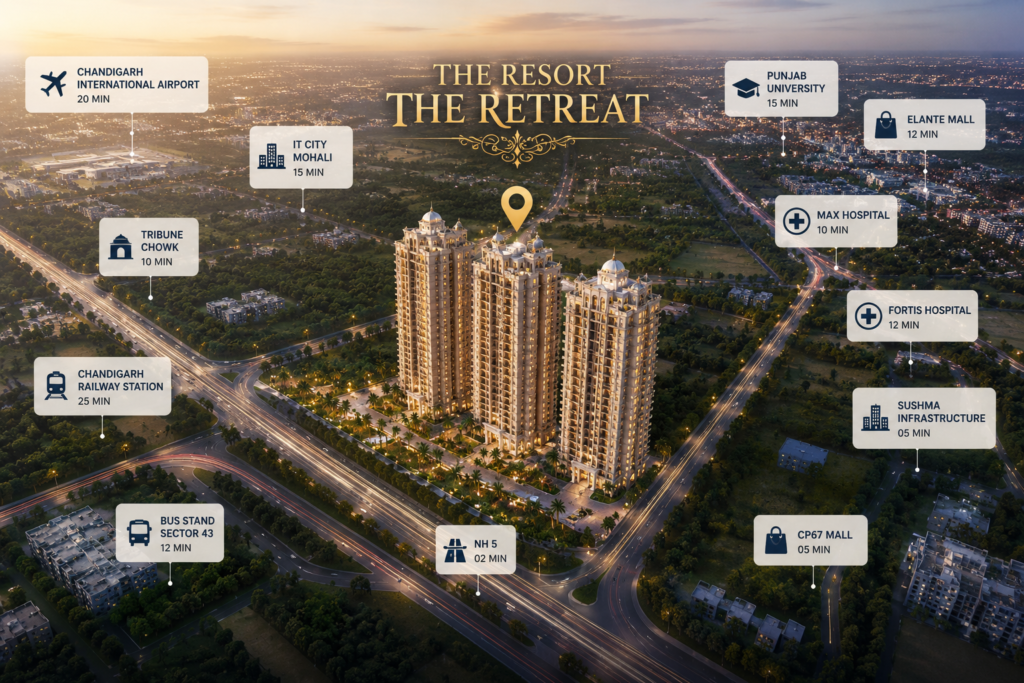 Aerial view of The Resort The Retreat with a twin-tower complex and floating labels showing nearby landmarks and travel times.