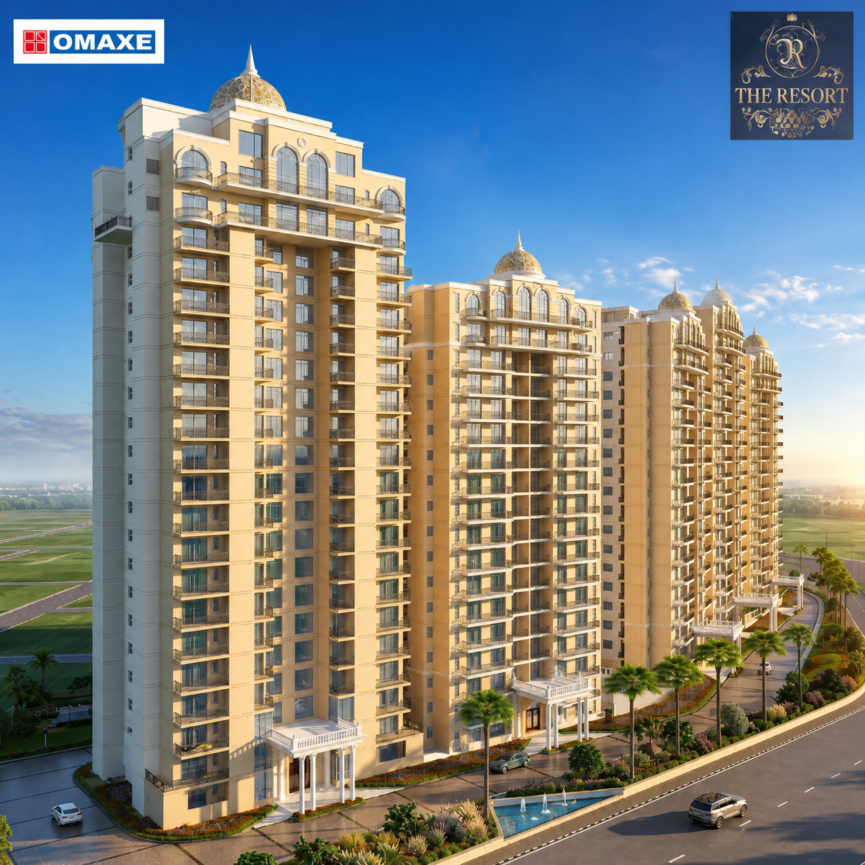Beige high-rise residential complex with domed rooftops, balconies, and palm-lined driveway beneath a clear blue sky (OMAXE logo visible).