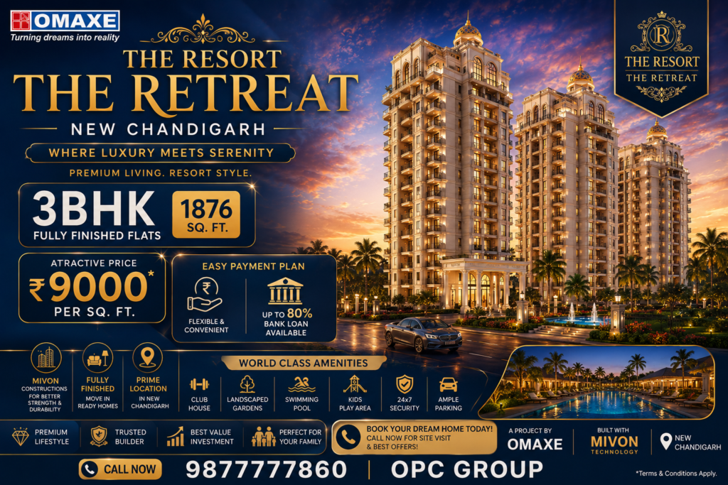 Luxurious ad banner for The Resort The Retreat in New Chandigarh showcasing 3BHK flats, 1876 sq ft, price ₹9000 per sq ft with upscale amenities view of towers at sunset.