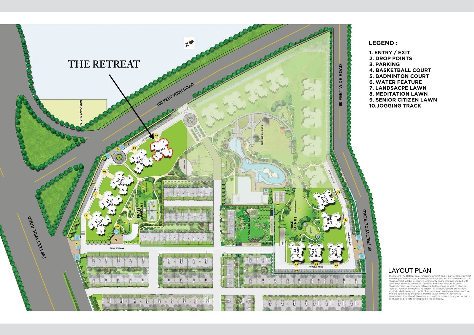 Layout plan for The Retreat residential development showing roads, lots, greenery, and a legend of amenities on the right.